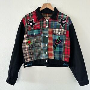 Vintage Y2k Joujou Patchwork 100% Cotton Denim Jacket Sz M 90s Embroidery Punk